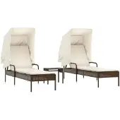 vidaXL Ligbedden 2 st met luifels en tafel poly rattan bruin