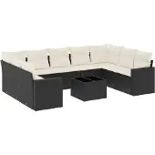 vidaXL 10-delige Loungeset met kussens poly rattan zwart