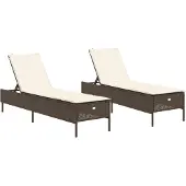 vidaXL Ligstoelen 2 st met kussens poly rattan bruin