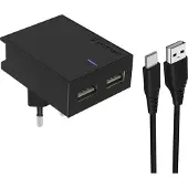 Swissten , Wandlader (dubbele USB-poort, 3A) met USB-C kabel (Slim Series), zwart