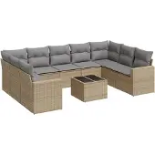 vidaXL 10-delige Loungeset met kussens poly rattan beige