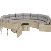 vidaXL Tuinbank met tafel en kussens rond poly rattan beige