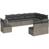 vidaXL 10-delige Loungeset met kussens poly rattan grijs