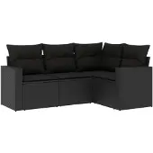 vidaXL 4-delige Loungeset met kussens poly rattan zwart