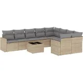 vidaXL 10-delige Loungeset met kussens poly rattan beige