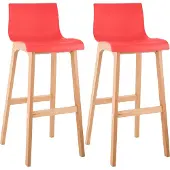 CLP Set van 2 barkrukken, model Hover, met kunststof zittingen, vierpotige basis van natuurlijk beukenhout, kleur: rood