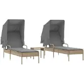 vidaXL Ligbedden 2 st met luifels en tafel poly rattan beige
