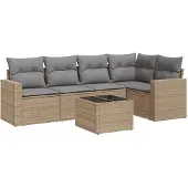 vidaXL 6-delige Loungeset met kussens poly rattan beige