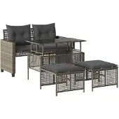 vidaXL 4-delige Loungeset met kussens poly rattan en glas lichtgrijs