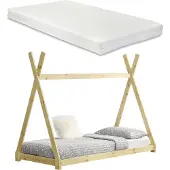 En.casa Juniorbed - Tipi met bedbodem en matras 90x200cm - naturel