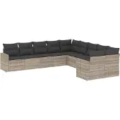 vidaXL 10-delige Loungeset met kussens poly rattan lichtgrijs