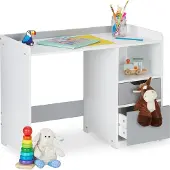 Relaxdays kinderbureau - 60 x 80 x 38 cm - 2 lades - opbergruimte - met rand - wit-grijs