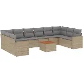 vidaXL 11-delige Tuinset met kussens poly rattan beige