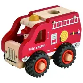 Simply For Kids Brandweerauto Hout - Met Rubberen Wielen - - Klein - 13 cm