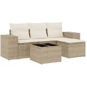 vidaXL 5-delige Loungeset met kussens poly rattan beige