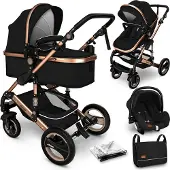 Kiduku KIDUKU- 3 in 1 combi-kinderwagen- zwart/goud- buggy incl. autostoeltje-regenhoes- inklapbaar