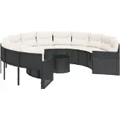 vidaXL Tuinbank met tafel en kussens rond poly rattan zwart