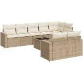 vidaXL 9-delige Loungeset met kussens poly rattan beige