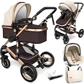 Kiduku KIDUKU- 3 in 1 combi-kinderwagen- bruin/goud- buggy incl. autostoeltje-regenhoes- inklapbaar