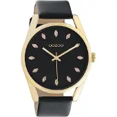 Oozoo Timepieces - goudkleurige horloge met zwarte leren band - C10842 - Ø45