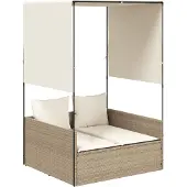 vidaXL Ligbed tweepersoons met dak en gordijn poly rattan beige
