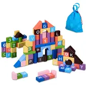 Relaxdays houten blokken speelgoed - 108-delige set - alfabet - speelblokken