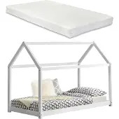 En.casa Kinderbed houten bed huisbed 200x90 met matras - wit