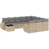 vidaXL 11-delige Tuinset met kussens poly rattan beige