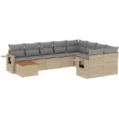 vidaXL 10-delige Loungeset met kussens poly rattan beige