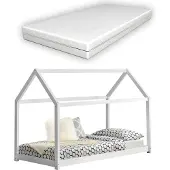 En.casa Kinderbed huisbed met matras en bedbodem 80x160 cm wit
