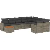 vidaXL 10-delige Loungeset met kussens poly rattan grijs