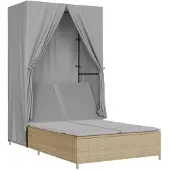 vidaXL Ligbed tweepersoons met dak en gordijn poly rattan beige