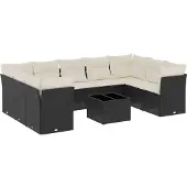 vidaXL 10-delige Loungeset met kussens poly rattan zwart
