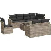 vidaXL 9-delige Loungeset met kussens poly rattan lichtgrijs