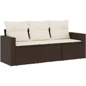 vidaXL 3-delige Loungeset met kussens poly rattan bruin