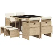 vidaXL 9-delige Tuinset met kussens poly rattan beige