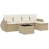 vidaXL 6-delige Loungeset met kussens poly rattan beige