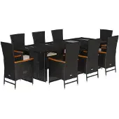 vidaXL 9-delige tuinset met kussens, zwart, van polyrotan
