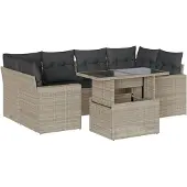 vidaXL 7-delige Loungeset met kussens poly rattan lichtgrijs