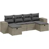 vidaXL 6-delige Loungeset met kussens poly rattan lichtgrijs