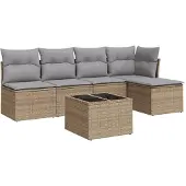vidaXL 6-delige Loungeset met kussens poly rattan beige