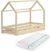 VitaliSpa Wiki Huisbed – 90x200 cm met logeerbed en matras Natuurlijk hout