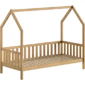 Vipack Bedhuisje Home - 90x200 Cm - Met Hekje - Massief Eikenhout - - Huisbed - Bruin - Hout Eenpersoons Normaal Bed