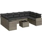 vidaXL 10-delige Loungeset met kussens poly rattan grijs