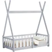 En.casa Kinderbed 'Helsingborg' met valbeveiliging, gemaakt van grenenhout, afmetingen 70 x 140 cm, kleur lichtgrijs