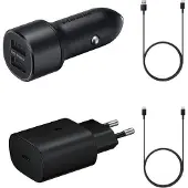 Samsung oplader set, verpakt in een milieuvriendelijke verpakking. Bevat een reisaansluiting en een autolader met kabels (zwart)