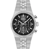 BOSS quartz zilver heren horloge met zwarte wijzerplaat & roestvrij stalen band