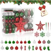 LZQ 138 stuks kleine kerstversiering, kunststof kerstboomversiering met kerstballen en hangers, rood-groen