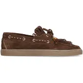 Manfield Bruine suède boatloafers met franjes | Maat 37