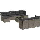 vidaXL 10-delige Loungeset met kussens poly rattan grijs